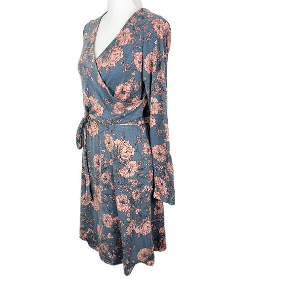 Moosungeek Dress Women Large Blue Floral All Over Print Long Sleeve Surplice - Picture 2 of 15